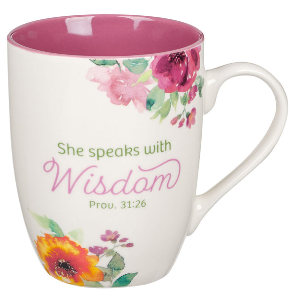 She Speaks With Wisdom Ceramic Mug With Pink Interior - Proverbs 31:26