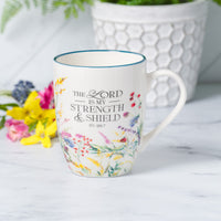 The Lord Is My Strength & Shield Ceramic Mug With Blue Rim