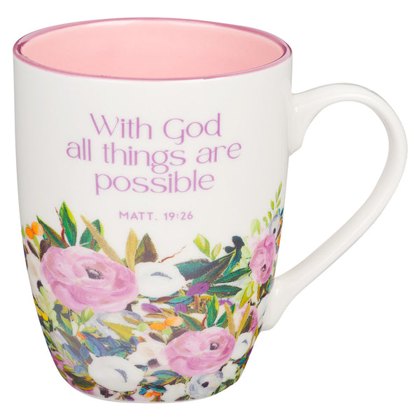 With God All Things Are Possible White And Pink Floral Ceramic Mug