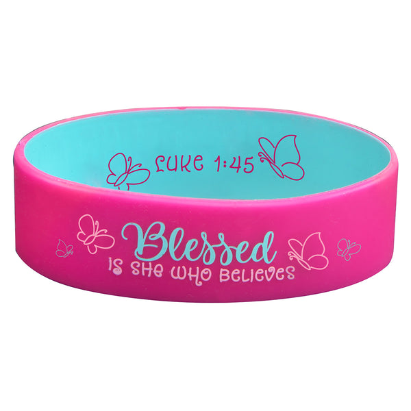 Blessed Is She Who Believes Pink Silicone Wristband