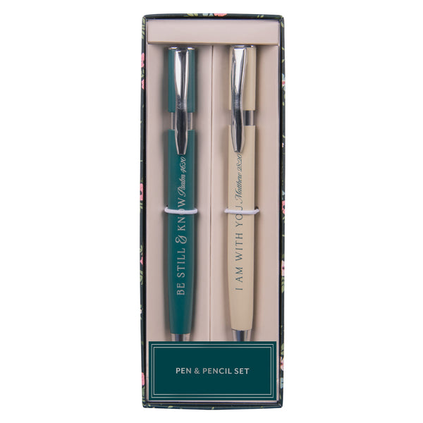 Be Still and Know & I Am with You Green Pen and Cream Pencil Set