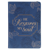 He Restores My Soul Navy Blue Faux Leather Journal With Zipped Closure