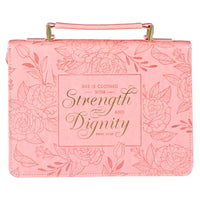 Strength and Dignity Rose Pink Faux Leather Bible Cover - Proverbs 31:25