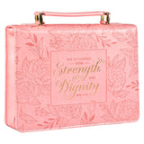 Strength and Dignity Rose Pink Faux Leather Bible Cover - Proverbs 31:25