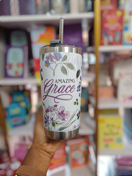 Amazing Grace Purple Floral Stainless Steel Travel Tumbler with Stainless Steel Straw