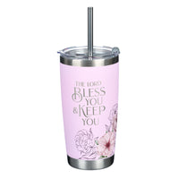 Bless You and Keep You Pink Floral Stainless Steel Travel Tumbler with Stainless Steel Straw