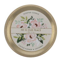 He Is Our Peace Cactus Flower and Coconut Scented Candle in Tin.