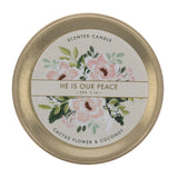 He Is Our Peace Cactus Flower and Coconut Scented Candle in Tin.
