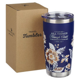 I Can Do All Things Through Christ Honey-brown and Navy Floral Stainless Steel Travel Tumbler - Philippians 4:13