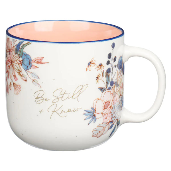 Be Still and Know Floral Ceramic Mug with Peach Interior