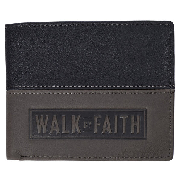 Walk by Faith Black and Gray Full Grain Leather Wallet - 2 Corinthians 5:7