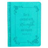 Strength and Dignity Handy-sized Faux Leather Journal - Proverbs 31:25.