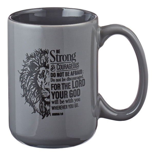 Be Strong Lion Gray Coffee Mug - Joshua 1:9