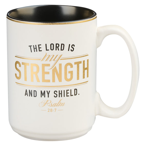 Strength and Shield White and Black Ceramic Coffee Mug